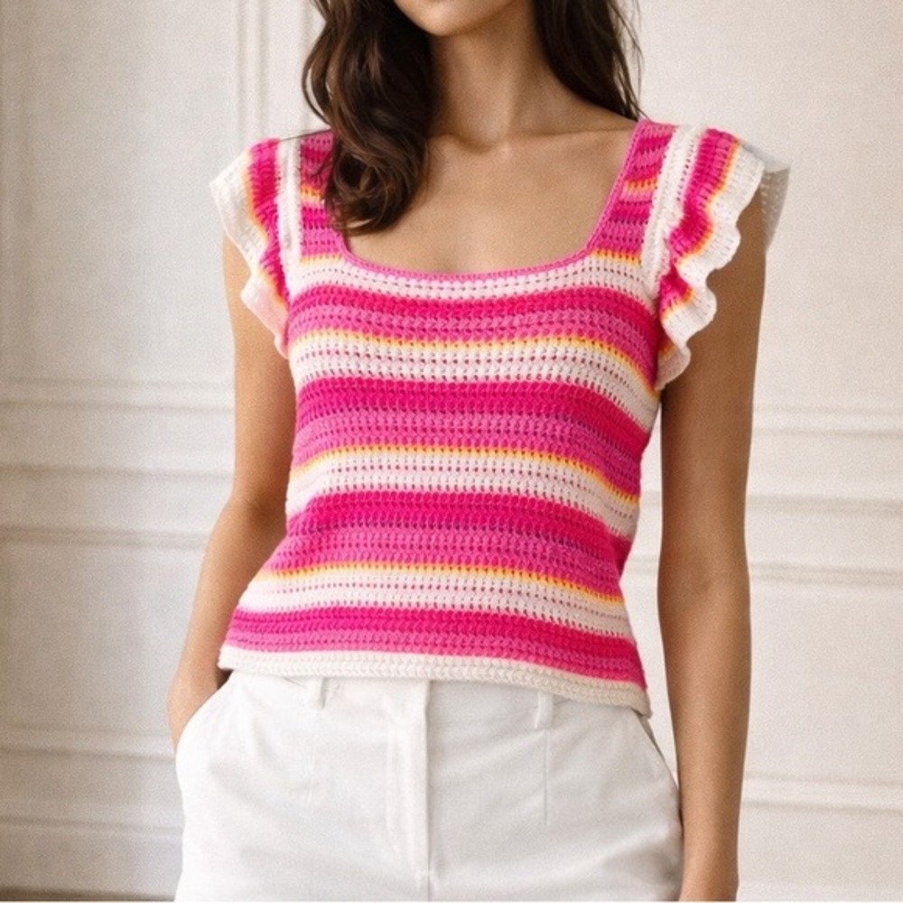 Lilly Pulitzer Pink Cordetta Shandy Striped Knit Top Flutter Sleeve Textured Top